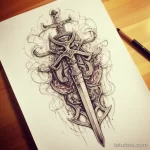 Эскиз татуировки в стиле blackwork: старинный меч и щит, украшенные сложными узорами и деталями. Идеально для тех, кто ценит графичность и символизм.