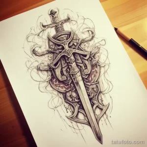 Эскиз татуировки в стиле blackwork: старинный меч и щит, украшенные сложными узорами и деталями. Идеально для тех, кто ценит графичность и символизм.