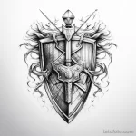 Эскиз татуировки в стиле blackwork: старинный щит с мечом, украшенный витиеватыми узорами и декоративными элементами. Идеально для сильных и смелых.
