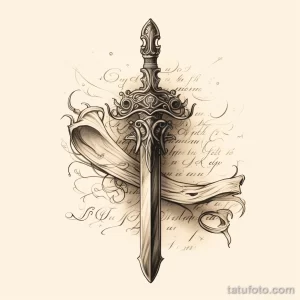 Эскиз татуировки с изображением меча, пронзающего щит, украшенный витиеватыми узорами и старинными надписями. Черно-белый рисунок для вдохновения.