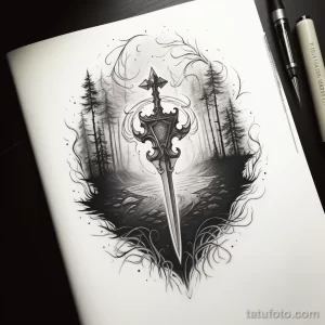 Черно-белый эскиз татуировки с мечом, пронзающим темный лес. Детализированный рисунок с использованием графики и теней.