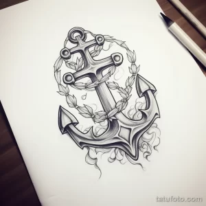 Черно-белый эскиз татуировки с изображением морского якоря, окруженного лавровым венком. Выполнен в классическом стиле.