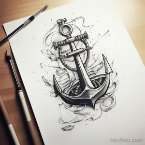 Черно-белый эскиз татуировки якоря, дополненный морскими элементами и карандашными набросками. Детализированный рисунок для любителей морской тематики.