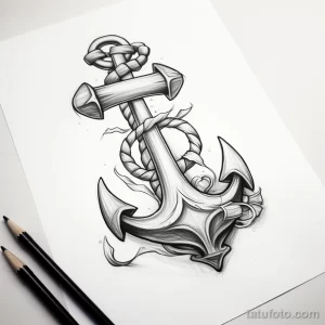 Черно-белый эскиз татуировки якоря, окруженного морскими пузырьками. Легкий и воздушный дизайн, идеально подходящий для любителей моря.