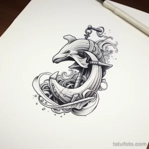 Черно-белый эскиз татуировки, изображающий морского конька, обвивающего якорь. Детализированная прорисовка и плавные линии создают элегантный морской образ.