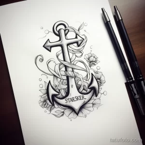 Эскиз татуировки, сочетающий в себе якорь, крест, розы и надпись 'STARSKER'. Детальный рисунок для тех, кто ищет оригинальные идеи для тату.