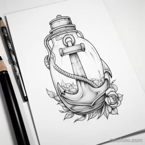 Эскиз татуировки с изображением морского якоря в бутылке и распустившейся розой. Детализированный черно-белый рисунок с романтичной и загадочной атмосферой.