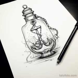 Эскиз татуировки с изображением морского якоря, заключенного в стеклянную бутылку. Оригинальный и стильный рисунок для любителей морской тематики.