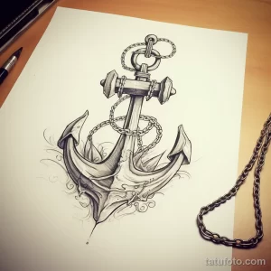 Черно-белый эскиз татуировки якоря, обмотанного цепью и окруженного морскими волнами, выполненный в реалистичном стиле.