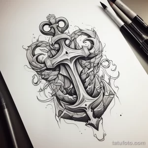 Детальный черно-белый эскиз татуировки якоря, выполненный в стиле blackwork с использованием сложных геометрических узоров. Подходит для сильных и уверенных в себе людей.
