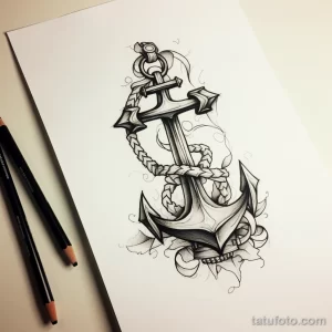 Черно-белый эскиз татуировки морского якоря с черепом. Детализированный рисунок в морском стиле с элементами готики.