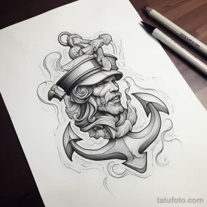 Черно-белый эскиз татуировки морского капитана с якорем. Детализированный рисунок в морском стиле с изображением лица моряка.