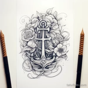 Черно-белый эскиз татуировки якоря, окруженного пышными розами и листьями, выполненный в детализированной технике.