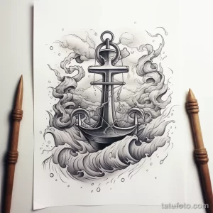 Черно-белый эскиз татуировки с изображением якоря, окруженного бурными морскими волнами и брызгами воды. Подходит для сильного и уверенного мужчины.