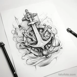 Черно-белый эскиз татуировки с изображением якоря, пронзенного мечом, на фоне морских волн и крепостных стен. Подходит для предплечья или спины.