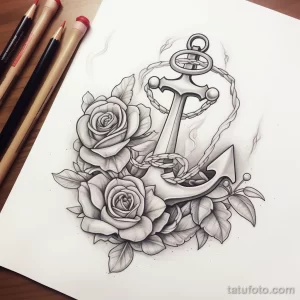Черно-белый эскиз татуировки с детально прорисованными розами, обвивающими морской якорь. Идеально подходит для плеча или бедра.