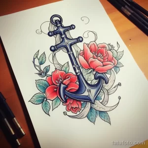 Красочный эскиз татуировки якоря, украшенного красными цветами и маленькой птичкой. Подходит для тех, кто любит яркие и запоминающиеся тату.