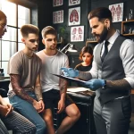 Фото тату мастера, консультирующего клиентов в тату-салоне. Видны эскизы татуировок и интерьер салона.