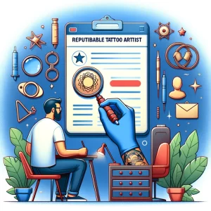 Иллюстрация, изображающая тату-мастера, внимательно изучающего эскиз татуировки с помощью лупы, в окружении инструментов и растений.