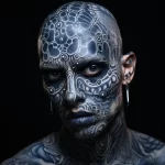 Фото тату: лицо и шея полностью покрыты сложным биомеханическим рисунком, темные тона, детализированная графика, татуировка в стиле биомеханика.