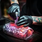 Фото процесса нанесения татуировки: мастер в черных перчатках наносит краску на кожу клиента, используя специальное оборудование. Детализированный рисунок татуировки.