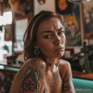 Портрет девушки с длинными волосами и татуировками на плече и руке, смотрящей в сторону с задумчивым выражением лица.