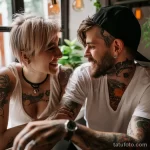 Фотография пары, сидящей за столиком в кафе с татуировками на руках и шее. Татуировки выполнены в стиле графика и акварель.
