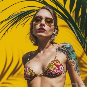 Фотография девушки в бикини с татуировками на плече и руке на фоне тропической листвы. Татуировки выполнены в стиле акварель и графика.