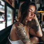 Фотография девушки с татуировками на руках и плече. Акцент на детализированных рисунках и задумчивом взгляде.