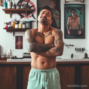 Фотография мужчины с татуировками на руках, груди и плечах. Акцент на детализированных рисунках и уверенном взгляде.