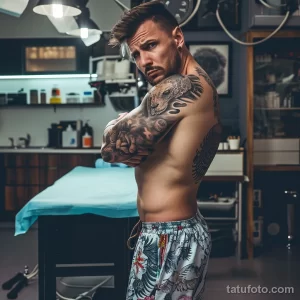 Фотография мужчины с татуировками на руках и плечах. Акцент на детализированных рисунках и уверенном взгляде.