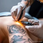 Фотография процесса татуировки розы на спине. Акцент на работе мастера, деталях рисунка и оборудовании.