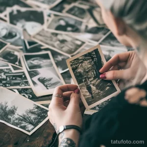 Фотография рук с татуировкой, держащих старинную фотографию. Акцент на деталях татуировки и атмосфере ностальгии.