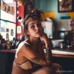Фотография молодой женщины с татуировками на руках, сидящей за барной стойкой в винтажном интерьере, излучающей спокойствие и уверенность.