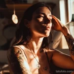 Фотография молодой женщины с длинными волосами и татуировками на руках, демонстрирующая элегантный образ и современный стиль.