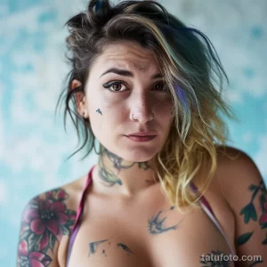 Фотография девушки с татуировками на лице, шее и руках. Волосы девушки окрашены в яркие цвета.