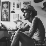 Фотография мужчины в шляпе с татуировками на руке и груди, черно-белое фото, портретное фото.
