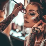 Фото тату: мастер наносит макияж девушке с татуировками на лице и руках. Акцент на процессе макияжа и деталях татуировок.