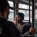 Фото тату на лице и шее девушки в автобусе, улыбающейся и смотрящей в окно. Татуировки выполнены в черном цвете и имеют геометрический узор.