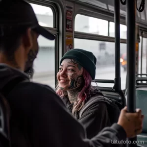 Фото тату на лице и шее девушки в автобусе, улыбающейся и смотрящей в окно. Татуировки выполнены в черном цвете и имеют геометрический узор.
