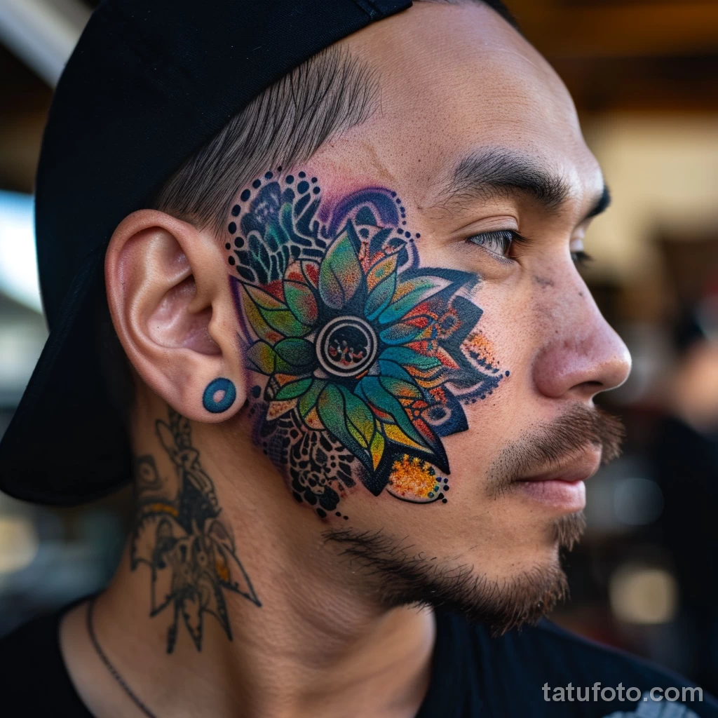 тату на лице - Male with a unique colorful mandala tattoo on his ch d c d fb _1_2 - 261223 tatufoto.com 093