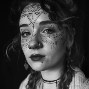 Фотография девушки с татуировкой в стиле графика на лице. Сложные геометрические узоры украшают лоб, щеки и область вокруг глаз.