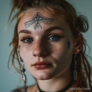 Фотография девушки с минималистичной татуировкой на лице. Тонкие линии образуют геометрические узоры на лбу и щеке.