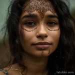 Фотография девушки с традиционной индийской росписью хенной (мехенди) на лице. Сложные узоры украшают лоб, щеки и подбородок.