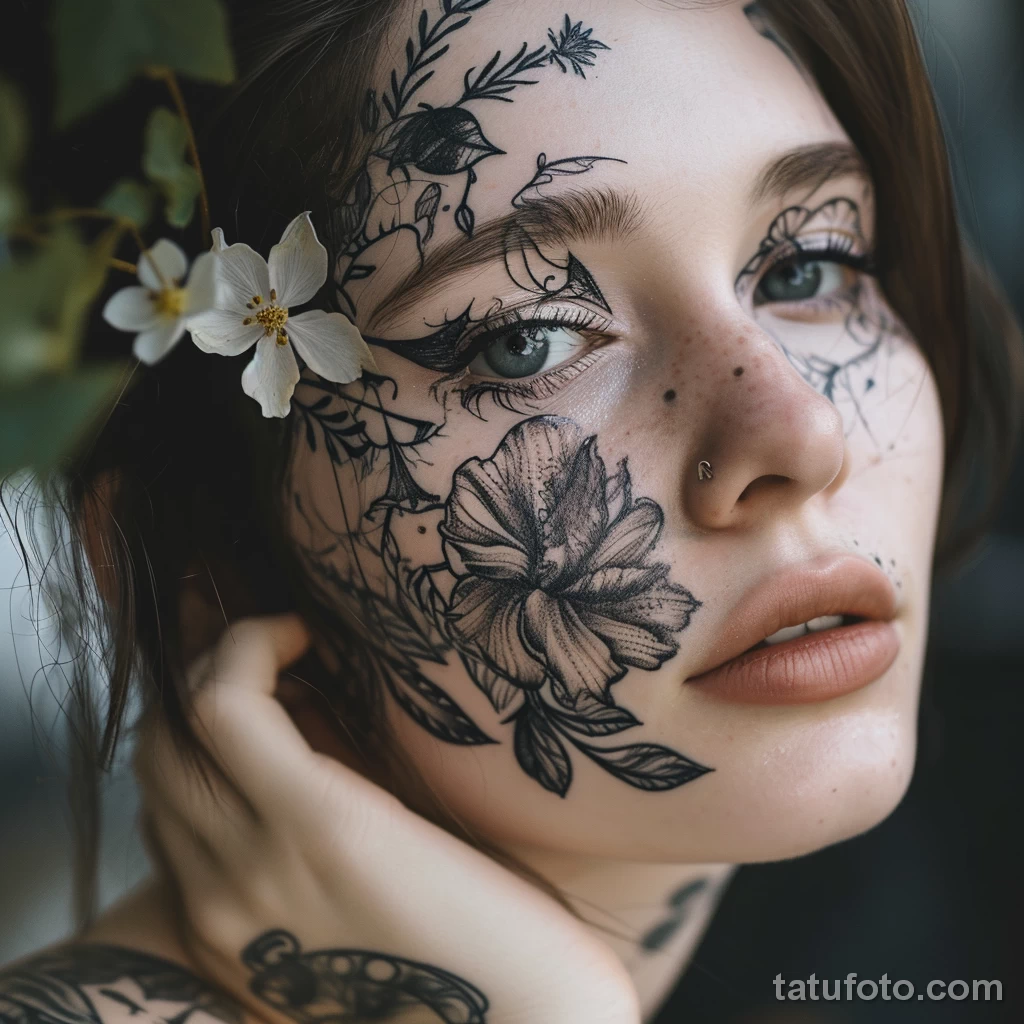 тату на лице - Portrait of a girl with an intricate floral tattoo o bb c a ade - 261223 tatufoto.com 116