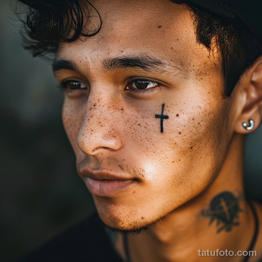тату на лице - Portrait of a guy with a small simple cross tattoo n aacf de ba ed cfcaebb _1 - 261223 tatufoto.com 121