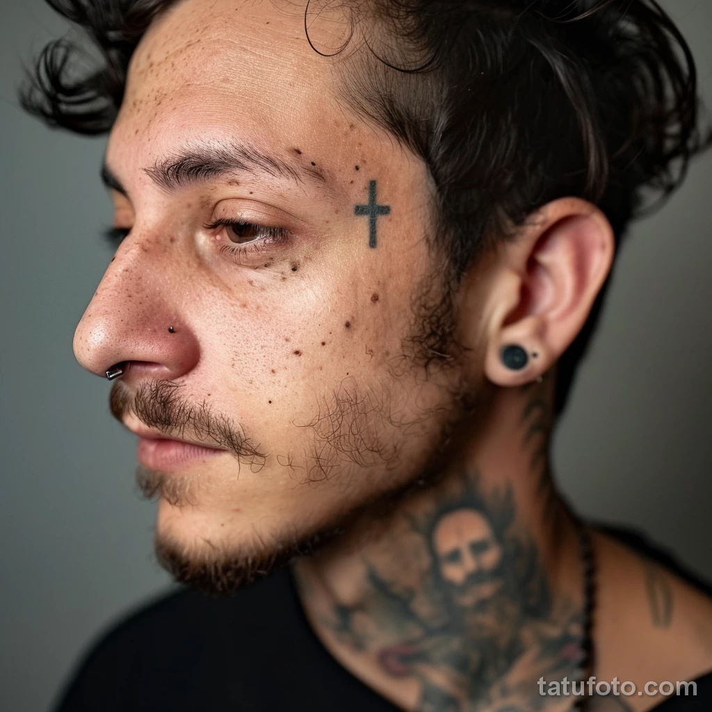 тату на лице - Portrait of a guy with a small simple cross tattoo n aacf de ba ed cfcaebb _1_2 - 261223 tatufoto.com 122