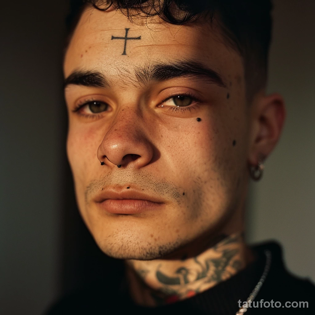 тату на лице - Portrait of a guy with a small simple cross tattoo n aacf de ba ed cfcaebb _1_2_3_4 - 261223 tatufoto.com 123