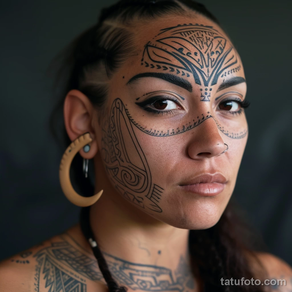 тату на лице - Portrait of a lady with a striking tribal tattoo acr ec fe c cceae _1 - 261223 tatufoto.com 127
