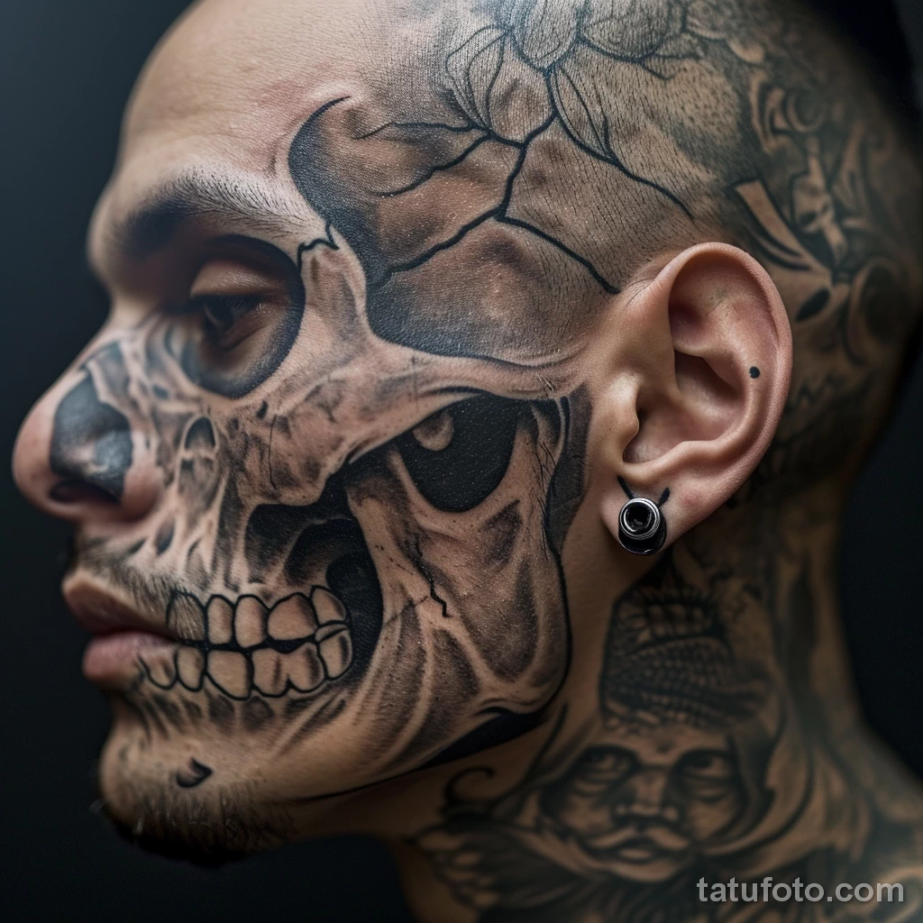 тату на лице - Portrait of a male with a detailed skull tattoo on o fcdbf cff a bcb eaaecee _1 - 261223 tatufoto.com 136